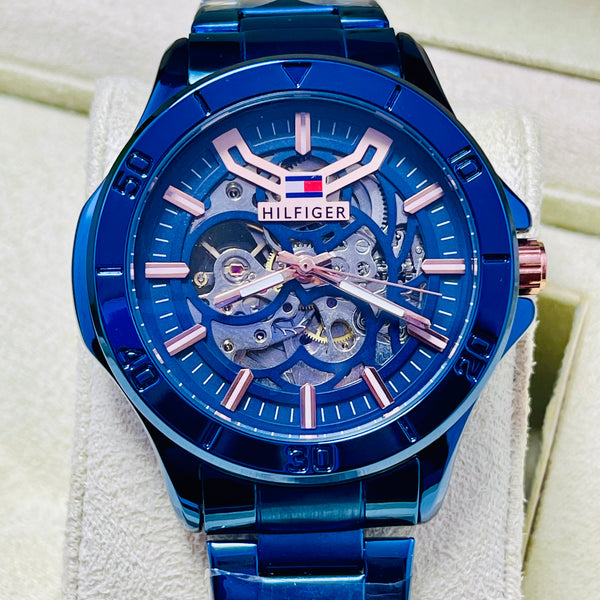 Luxury Blue Skeleton Automatic Watch for Men – Hilfiger-Inspired Self-Winding Timepiece with Rose Gold Accents