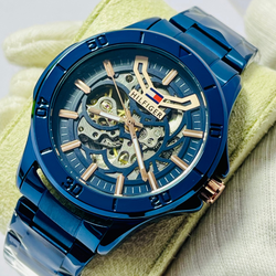 Luxury Blue Skeleton Automatic Watch for Men – Hilfiger-Inspired Self-Winding Timepiece with Rose Gold Accents