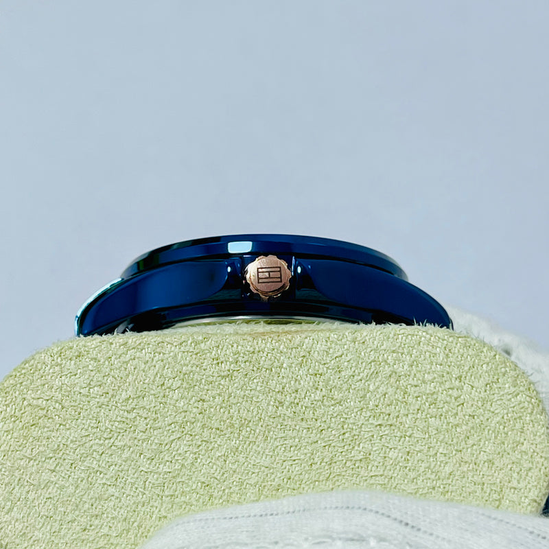 Luxury Blue Skeleton Automatic Watch for Men – Hilfiger-Inspired Self-Winding Timepiece with Rose Gold Accents