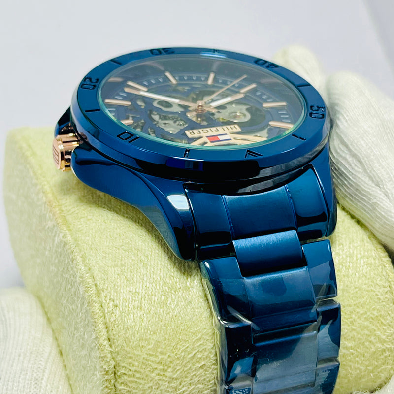 Luxury Blue Skeleton Automatic Watch for Men – Hilfiger-Inspired Self-Winding Timepiece with Rose Gold Accents