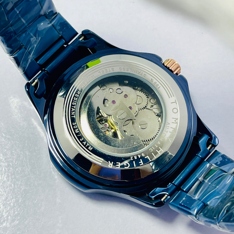 Luxury Blue Skeleton Automatic Watch for Men – Hilfiger-Inspired Self-Winding Timepiece with Rose Gold Accents