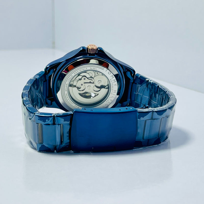 Luxury Blue Skeleton Automatic Watch for Men – Hilfiger-Inspired Self-Winding Timepiece with Rose Gold Accents