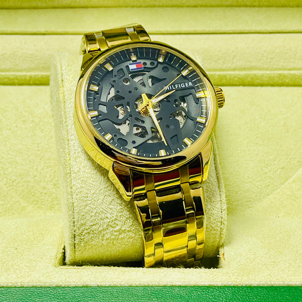 Luxury Skeleton Gold Automatic Watch for Men – Tommy-Inspired Design with Black Dial & Exposed Movement – Gold Stainless Steel Band
