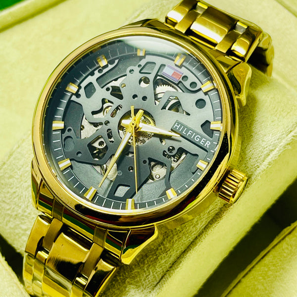 Luxury Skeleton Gold Automatic Watch for Men – Tommy-Inspired Design with Black Dial & Exposed Movement – Gold Stainless Steel Band