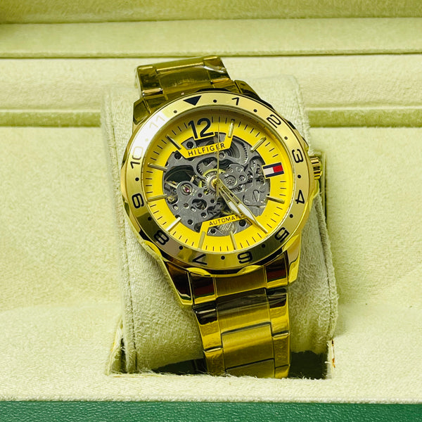 Bold Gold Skeleton Automatic Watch for Men – Yellow Dial with Exposed Mechanical Movement – Luxury Stainless Steel Band, Hilfiger-Inspired Design