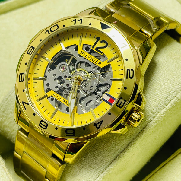 Bold Gold Skeleton Automatic Watch for Men – Yellow Dial with Exposed Mechanical Movement – Luxury Stainless Steel Band, Hilfiger-Inspired Design