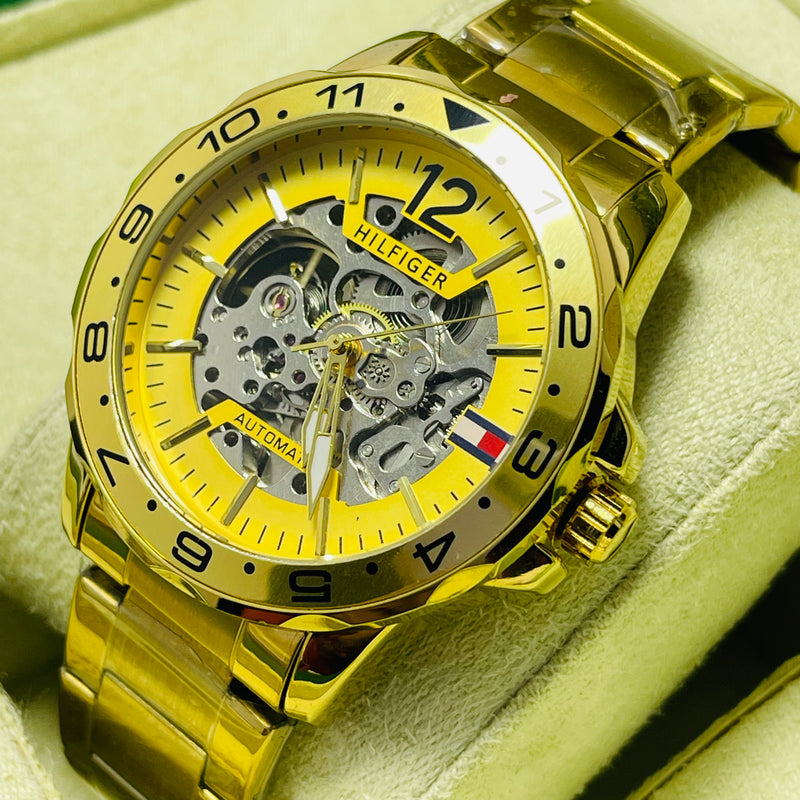 Bold Gold Skeleton Automatic Watch for Men – Yellow Dial with Exposed Mechanical Movement – Luxury Stainless Steel Band, Hilfiger-Inspired Design