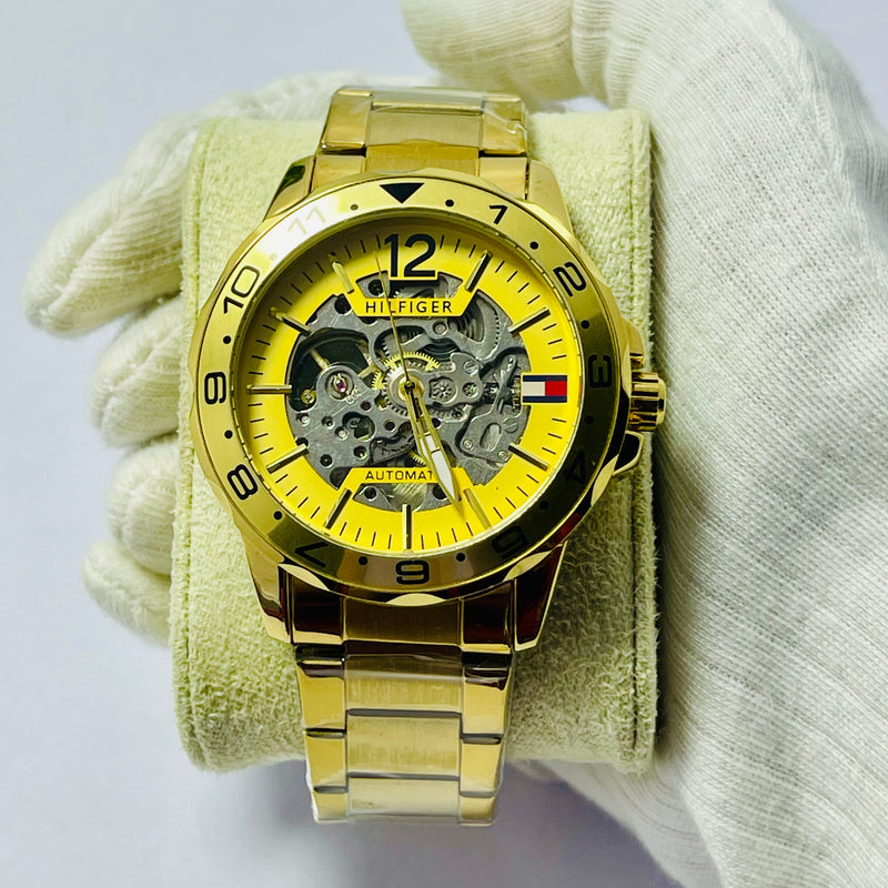 Bold Gold Skeleton Automatic Watch for Men – Yellow Dial with Exposed Mechanical Movement – Luxury Stainless Steel Band, Hilfiger-Inspired Design