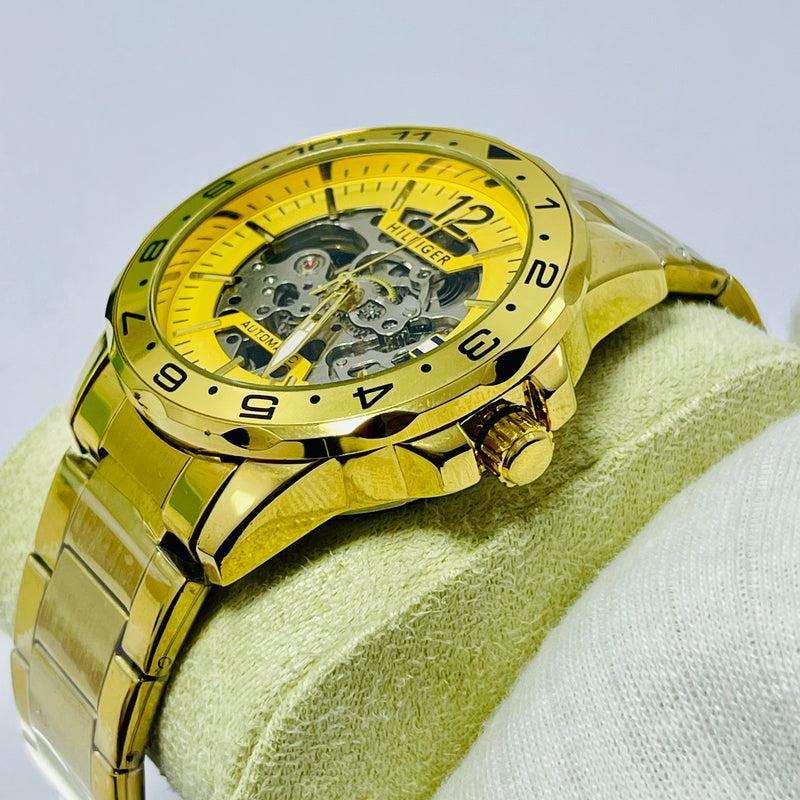Bold Gold Skeleton Automatic Watch for Men – Yellow Dial with Exposed Mechanical Movement – Luxury Stainless Steel Band, Hilfiger-Inspired Design