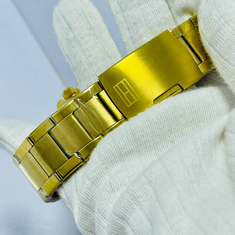 Bold Gold Skeleton Automatic Watch for Men – Yellow Dial with Exposed Mechanical Movement – Luxury Stainless Steel Band, Hilfiger-Inspired Design