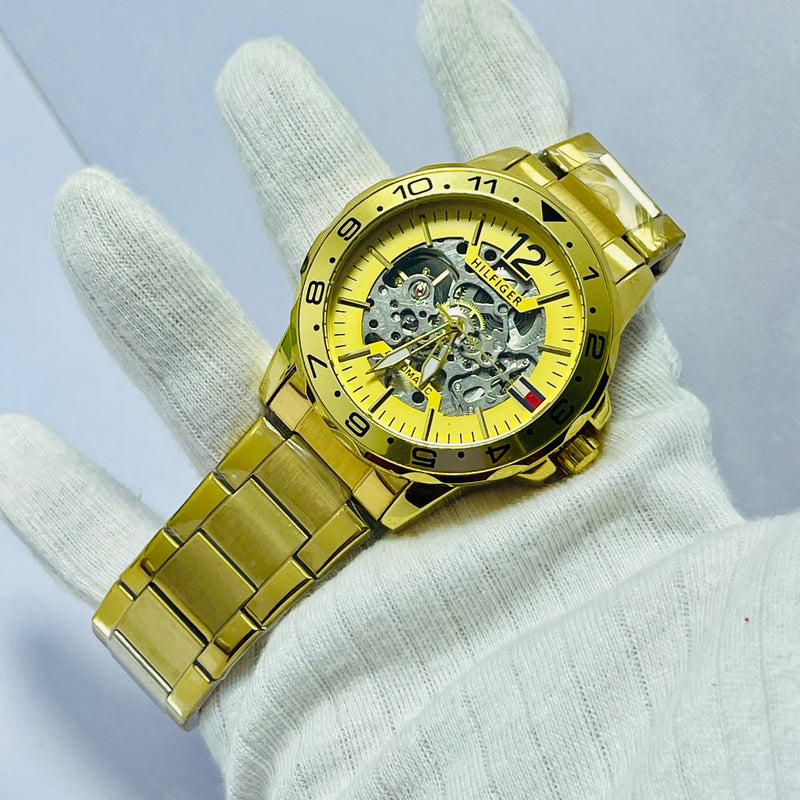 Bold Gold Skeleton Automatic Watch for Men – Yellow Dial with Exposed Mechanical Movement – Luxury Stainless Steel Band, Hilfiger-Inspired Design