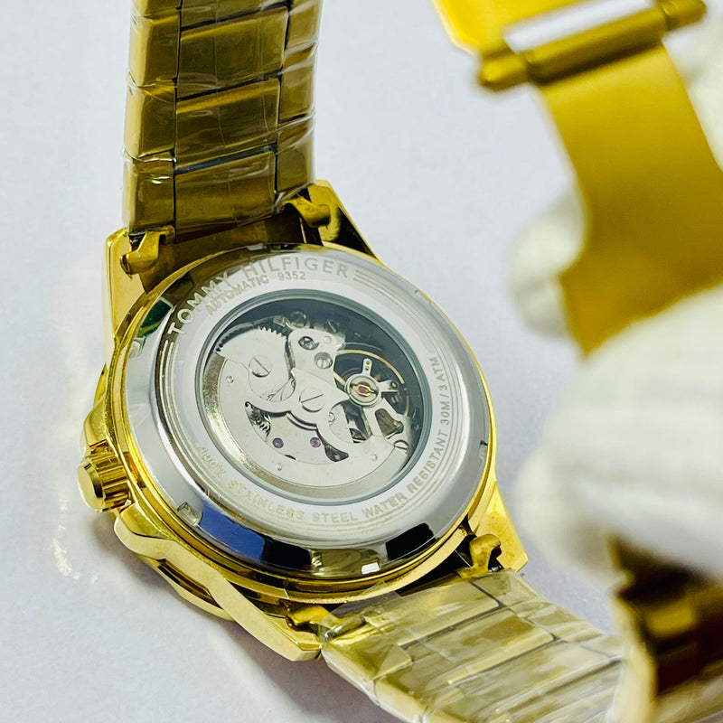 Bold Gold Skeleton Automatic Watch for Men – Yellow Dial with Exposed Mechanical Movement – Luxury Stainless Steel Band, Hilfiger-Inspired Design