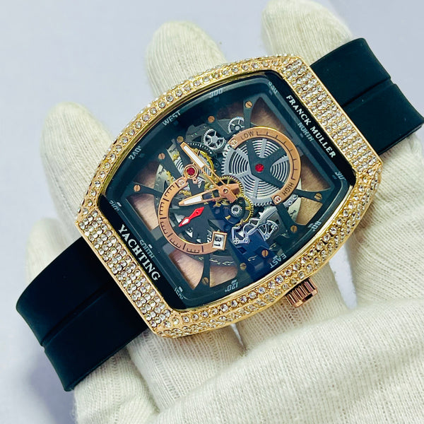 Luxury Franck Muller Yachting-Inspired Skeleton Watch for Men – Automatic Mechanical Movement, Diamond Bezel, Black Rubber Strap