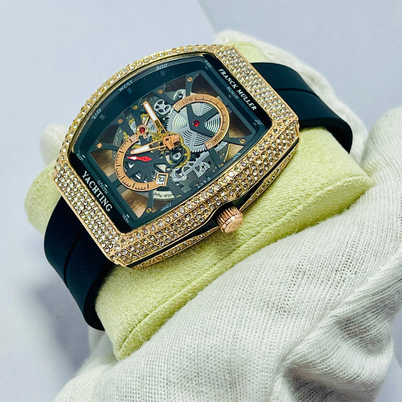 Luxury Franck Muller Yachting-Inspired Skeleton Watch for Men – Automatic Mechanical Movement, Diamond Bezel, Black Rubber Strap