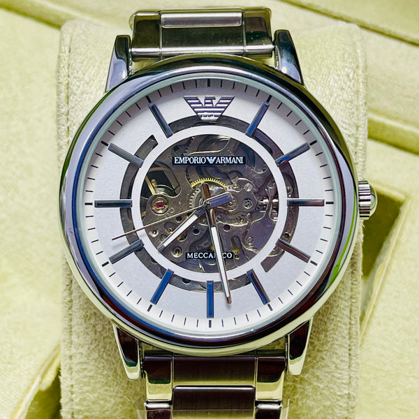 Emporio Armani Skeleton Automatic Watch for Men – Silver Stainless Steel Band, Transparent Mechanical Dial, Self-Winding Luxury Timepiece