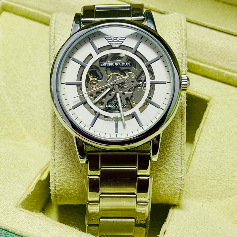 Emporio Armani Skeleton Automatic Watch for Men – Silver Stainless Steel Band, Transparent Mechanical Dial, Self-Winding Luxury Timepiece