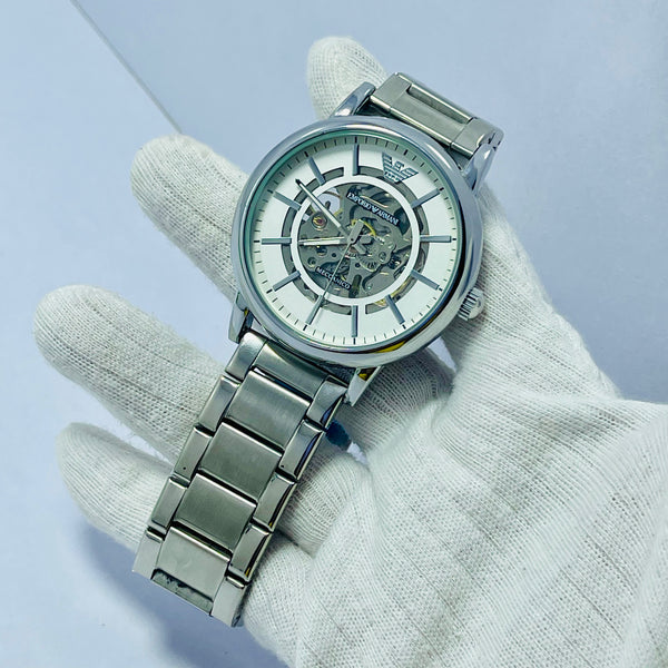 Emporio Armani Skeleton Automatic Watch for Men – Silver Stainless Steel Band, Transparent Mechanical Dial, Self-Winding Luxury Timepiece