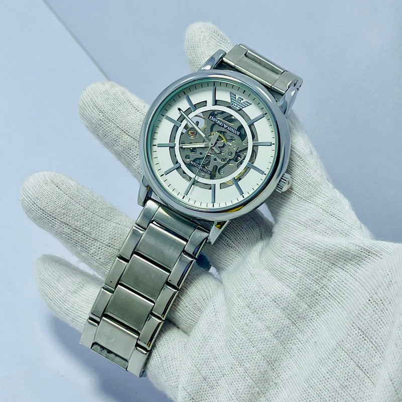 Emporio Armani Skeleton Automatic Watch for Men – Silver Stainless Steel Band, Transparent Mechanical Dial, Self-Winding Luxury Timepiece