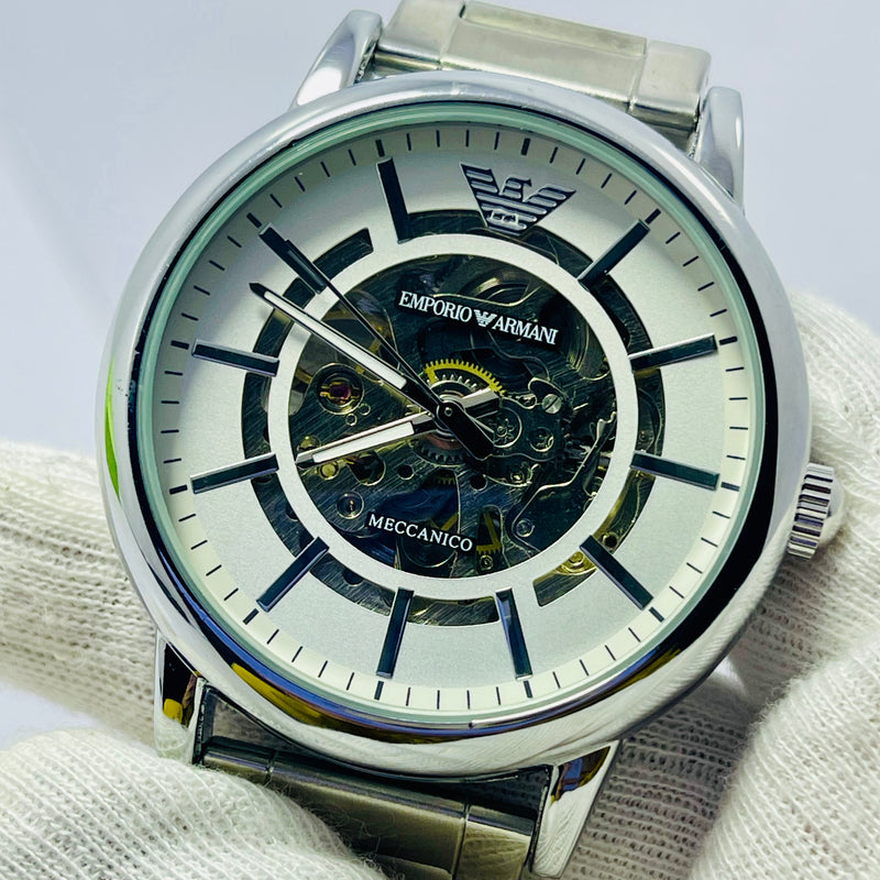 Emporio Armani Skeleton Automatic Watch for Men – Silver Stainless Steel Band, Transparent Mechanical Dial, Self-Winding Luxury Timepiece