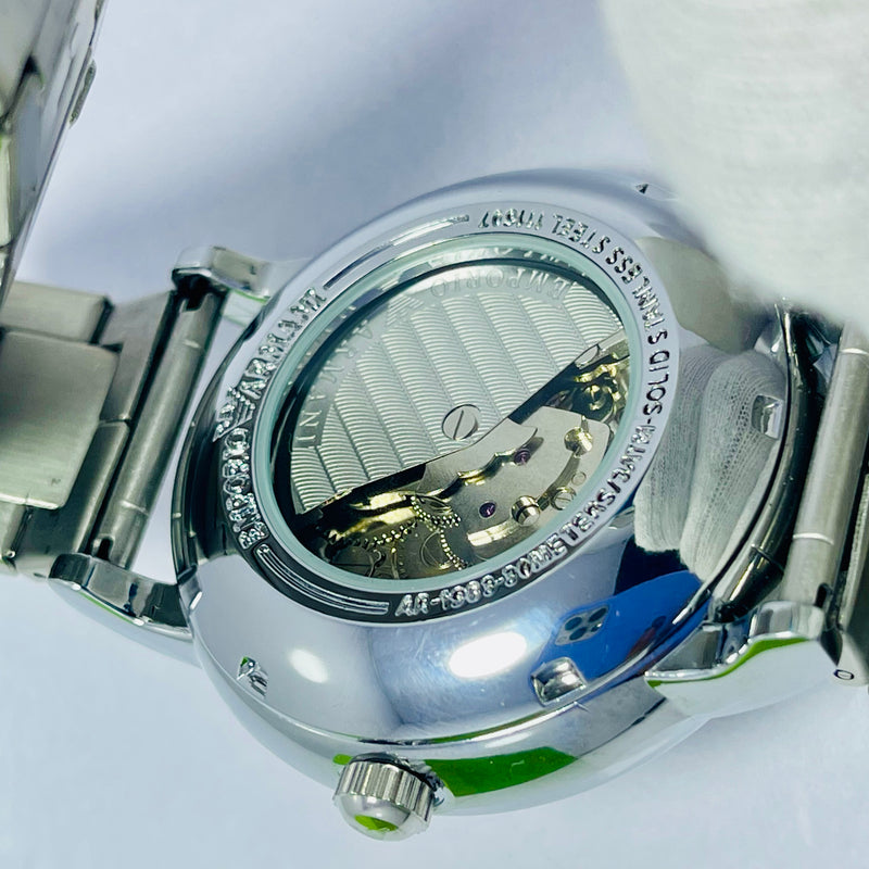 Emporio Armani Skeleton Automatic Watch for Men – Silver Stainless Steel Band, Transparent Mechanical Dial, Self-Winding Luxury Timepiece