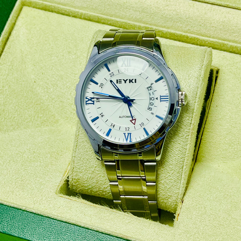 EYKI Men’s Automatic Watch – White Dial with Blue Roman Numerals & 24-Hour Inner Ring, Stainless Steel Strap – Self-Winding Luxury Timepiece