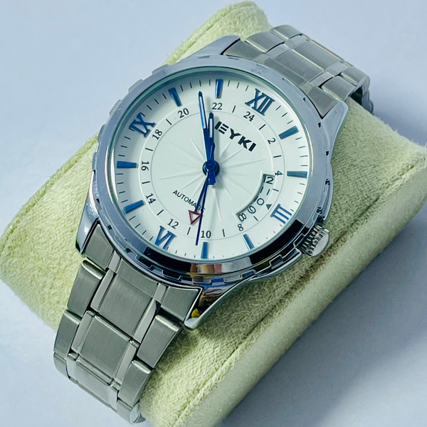 EYKI Men’s Automatic Watch – White Dial with Blue Roman Numerals & 24-Hour Inner Ring, Stainless Steel Strap – Self-Winding Luxury Timepiece
