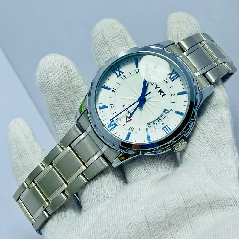 EYKI Men’s Automatic Watch – White Dial with Blue Roman Numerals & 24-Hour Inner Ring, Stainless Steel Strap – Self-Winding Luxury Timepiece