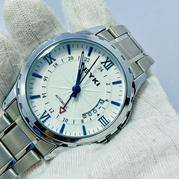 EYKI Men’s Automatic Watch – White Dial with Blue Roman Numerals & 24-Hour Inner Ring, Stainless Steel Strap – Self-Winding Luxury Timepiece