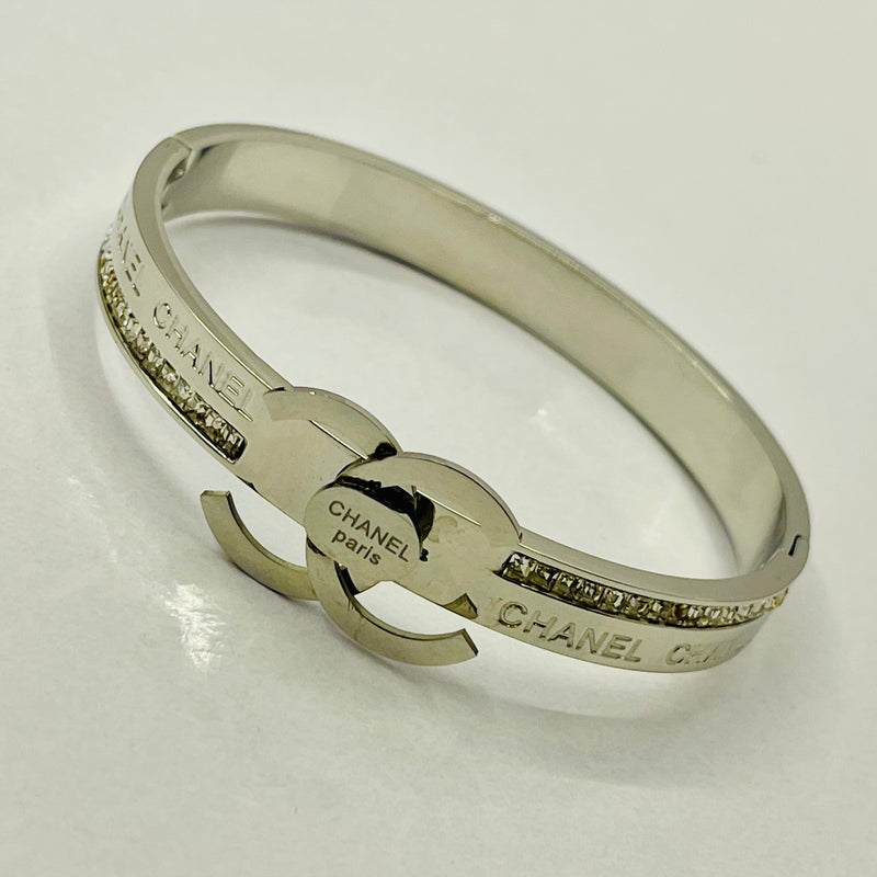 Chanel-Inspired Designer Bangle Bracelet for Women – Silver Plated with Crystal Rhinestones & Engraved Double C Logo – Luxury Fashion Jewelry