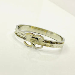 Chanel-Inspired Designer Bangle Bracelet for Women – Silver Plated with Crystal Rhinestones & Engraved Double C Logo – Luxury Fashion Jewelry