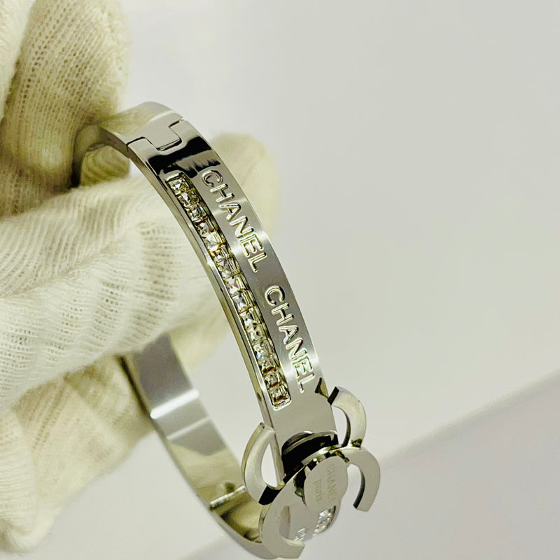 Chanel-Inspired Designer Bangle Bracelet for Women – Silver Plated with Crystal Rhinestones & Engraved Double C Logo – Luxury Fashion Jewelry