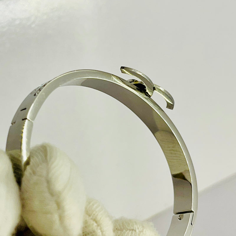 Chanel-Inspired Designer Bangle Bracelet for Women – Silver Plated with Crystal Rhinestones & Engraved Double C Logo – Luxury Fashion Jewelry