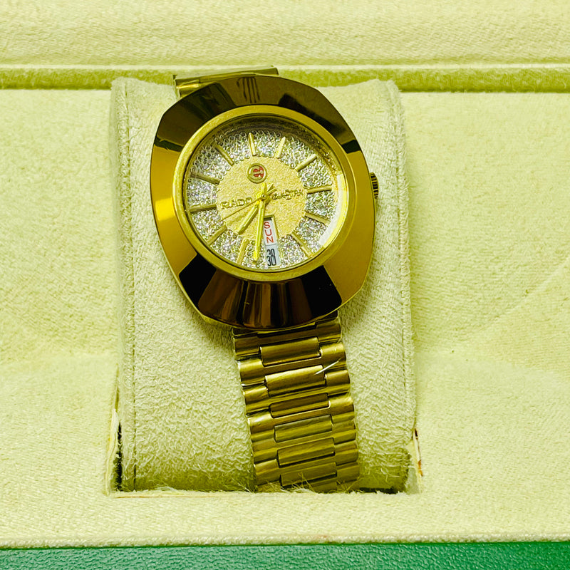 Luxury Gold Rado-Inspired Analog Watch with Day & Date Display – Men's Crystal Dial Timepiece