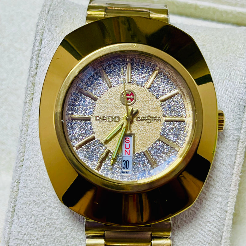 Luxury Gold Rado-Inspired Analog Watch with Day & Date Display – Men's Crystal Dial Timepiece
