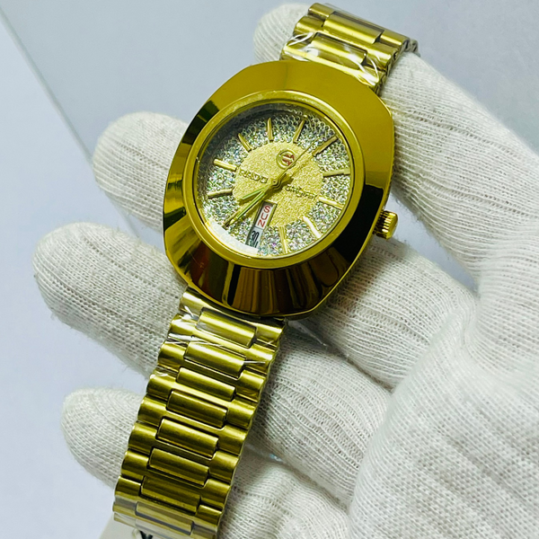 Luxury Gold Rado-Inspired Analog Watch with Day & Date Display – Men's Crystal Dial Timepiece