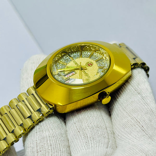 Luxury Gold Rado-Inspired Analog Watch with Day & Date Display – Men's Crystal Dial Timepiece