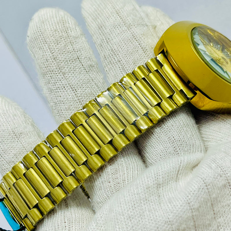 Luxury Gold Rado-Inspired Analog Watch with Day & Date Display – Men's Crystal Dial Timepiece