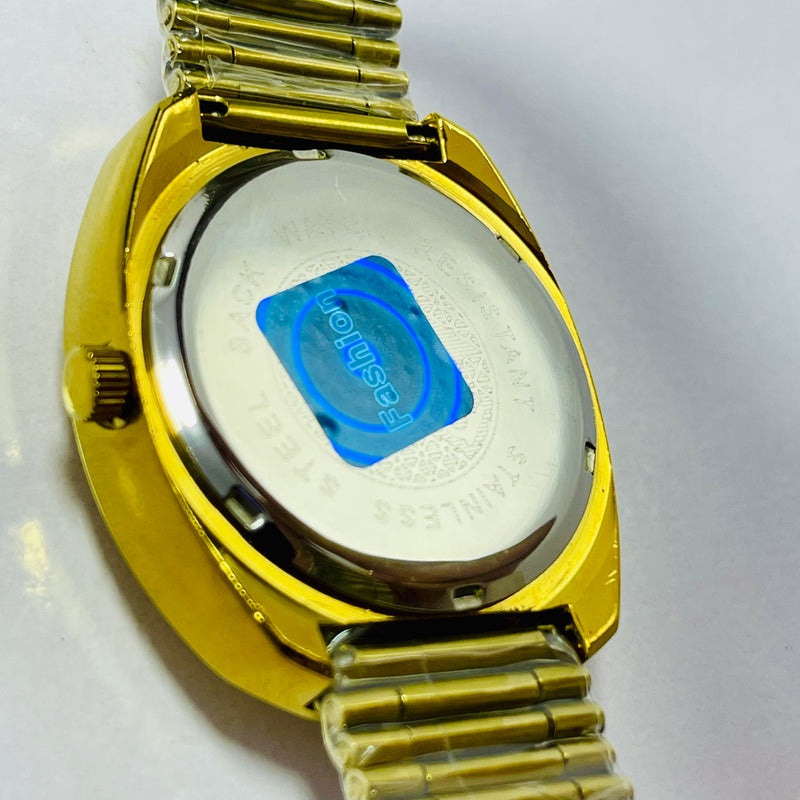 Luxury Gold Rado-Inspired Analog Watch with Day & Date Display – Men's Crystal Dial Timepiece