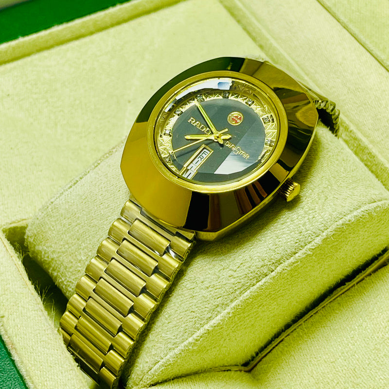 Luxury Gold Rado-Inspired Analog Watch with Day & Date Display – Men's Crystal Dial Timepiece