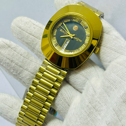 Luxury Gold Rado-Inspired Analog Watch with Day & Date Display – Men's Crystal Dial Timepiece