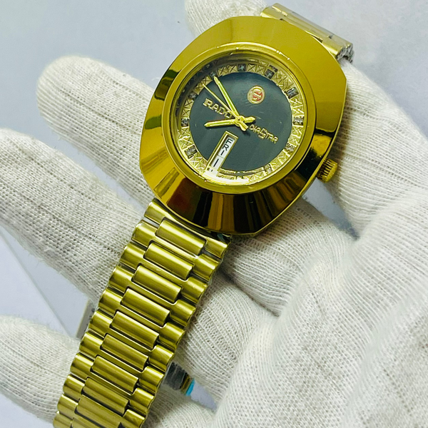 Luxury Gold Rado-Inspired Analog Watch with Day & Date Display – Men's Crystal Dial Timepiece