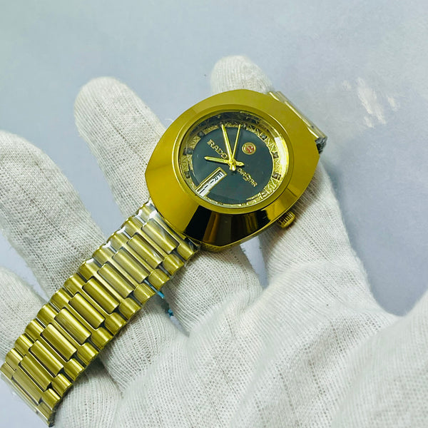 Luxury Gold Rado-Inspired Analog Watch with Day & Date Display – Men's Crystal Dial Timepiece