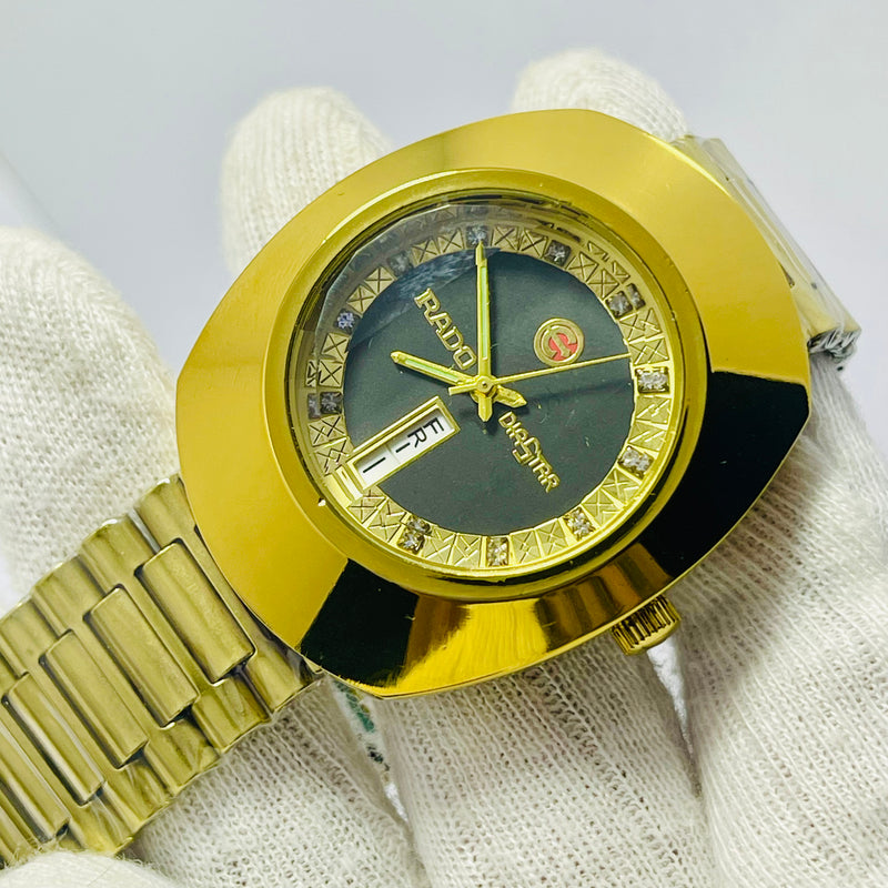 Luxury Gold Rado-Inspired Analog Watch with Day & Date Display – Men's Crystal Dial Timepiece
