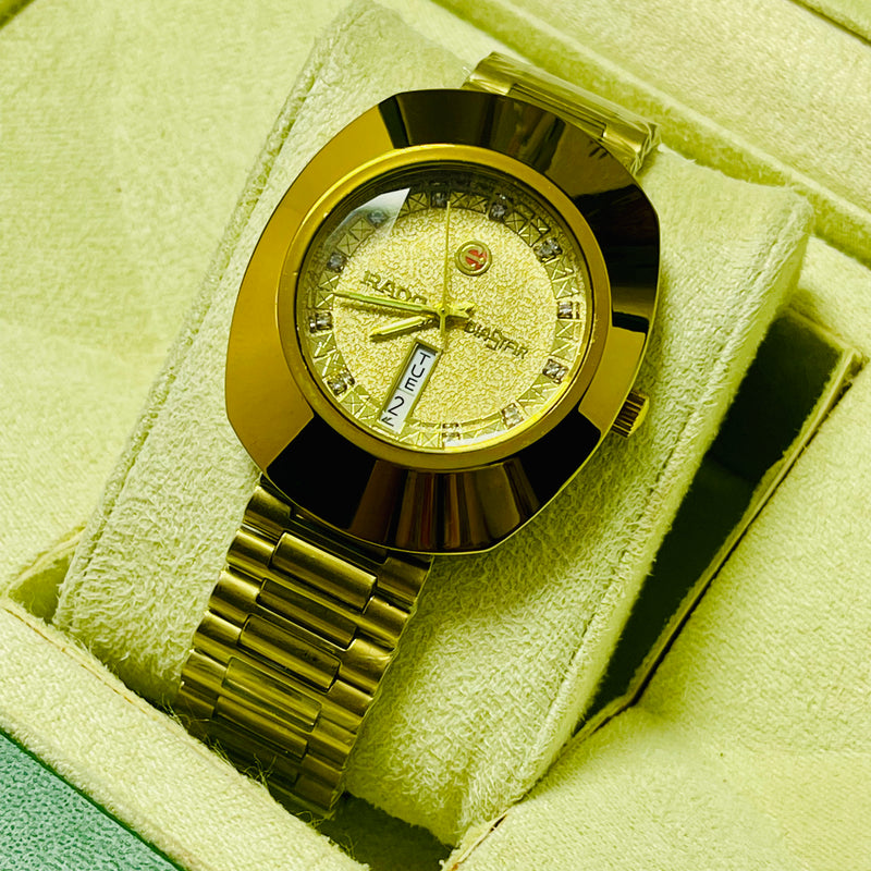 Luxury Golden Rado Diastar-Inspired Men’s Watch – Day & Date Display, Stainless Steel Band