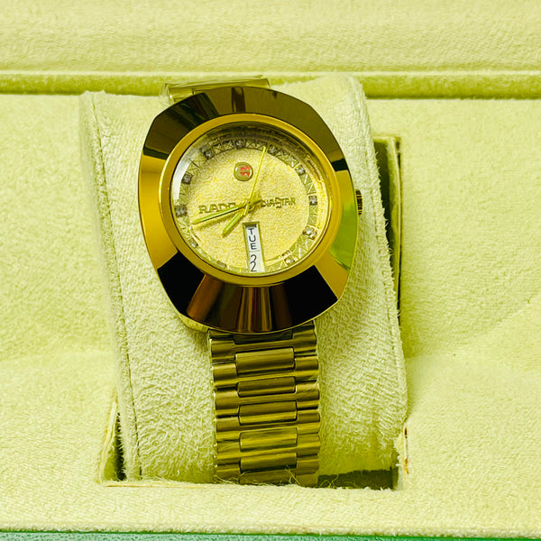 Luxury Golden Rado Diastar-Inspired Men’s Watch – Day & Date Display, Stainless Steel Band