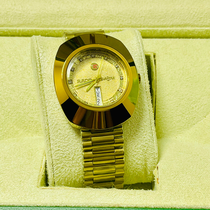 Luxury Golden Rado Diastar-Inspired Men’s Watch – Day & Date Display, Stainless Steel Band
