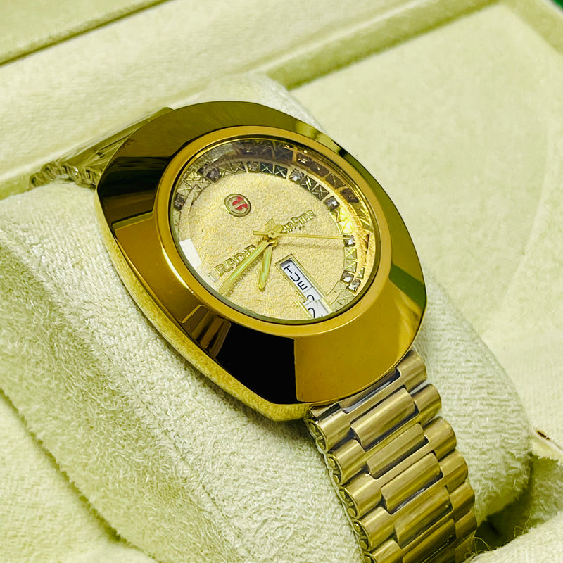 Luxury Golden Rado Diastar-Inspired Men’s Watch – Day & Date Display, Stainless Steel Band