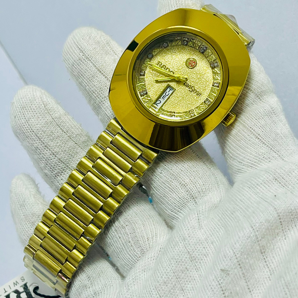 Luxury Golden Rado Diastar-Inspired Men’s Watch – Day & Date Display, Stainless Steel Band