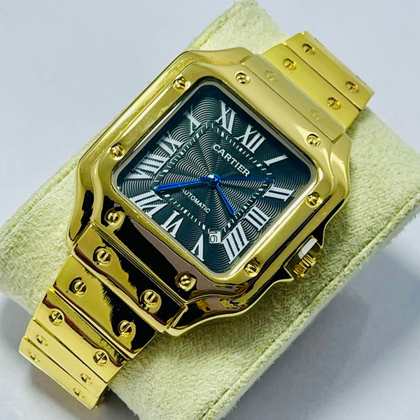 Cartier Santos-Inspired Gold Automatic Watch for Men – Blue Roman Dial, Self-Winding Movement, Full Gold Stainless Steel Bracelet – Luxury Square Case Design