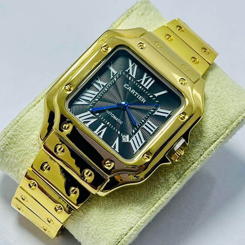 Cartier Santos-Inspired Gold Automatic Watch for Men – Blue Roman Dial, Self-Winding Movement, Full Gold Stainless Steel Bracelet – Luxury Square Case Design